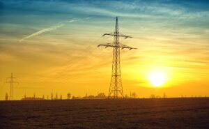 power lines, fields, sunset