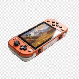 Une console de jeu vidéo portable de couleur orange avec des boutons et une croix directionnelle noires