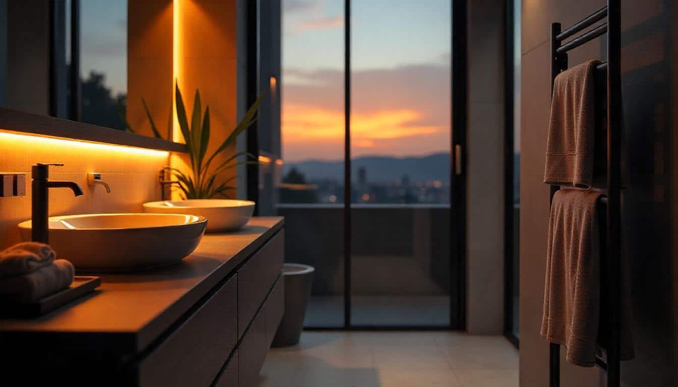 Une salle de bain moderne avec des meubles foncés et une magnifique ambiance lumineuse avec un sèche serviette électrique noir sur lequel sèche 2 serviettes