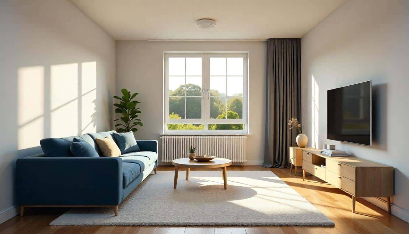 Un salon moderne avec un canapé en velours bleu, un sol en bois recouvert d'un tapis en laine blanc, une télé accrochée au mur et un détecteur de fumée installée au plafond