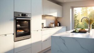 Un four encastrable Siemens installé dans un cuisine moderne blanche avec un ilot central en marbre blanc