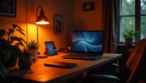 Un bureau avec une tablette, un smartphone et un ordinateur portable. La pièce est dans le noir mais le bureau est éclairé par une lampe de bureau à la lumière orangée.