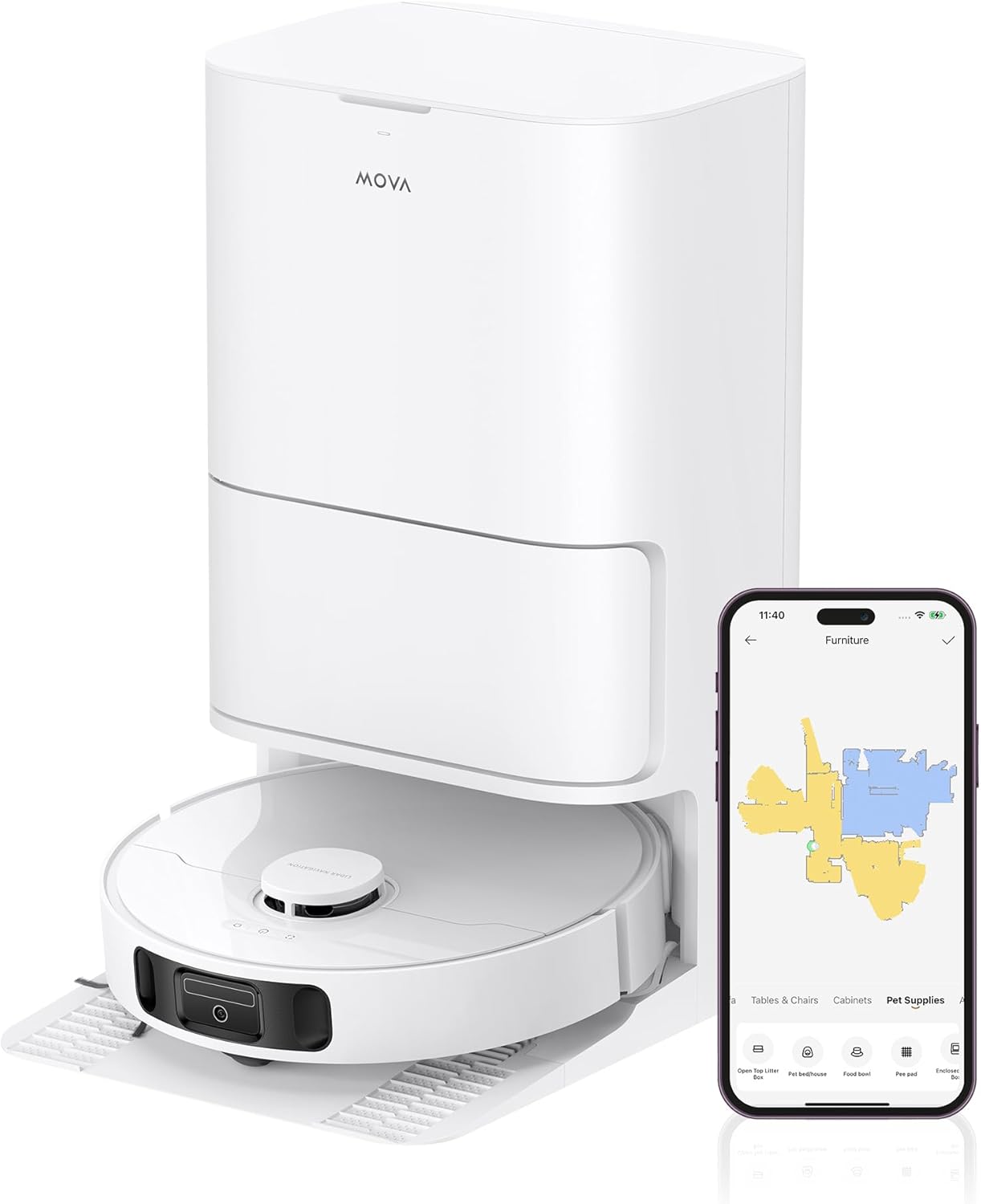 Le robot aspirateur Dreame Mova E30 Ultra à côté d'un téléphone mobile présentant l’application Dreame