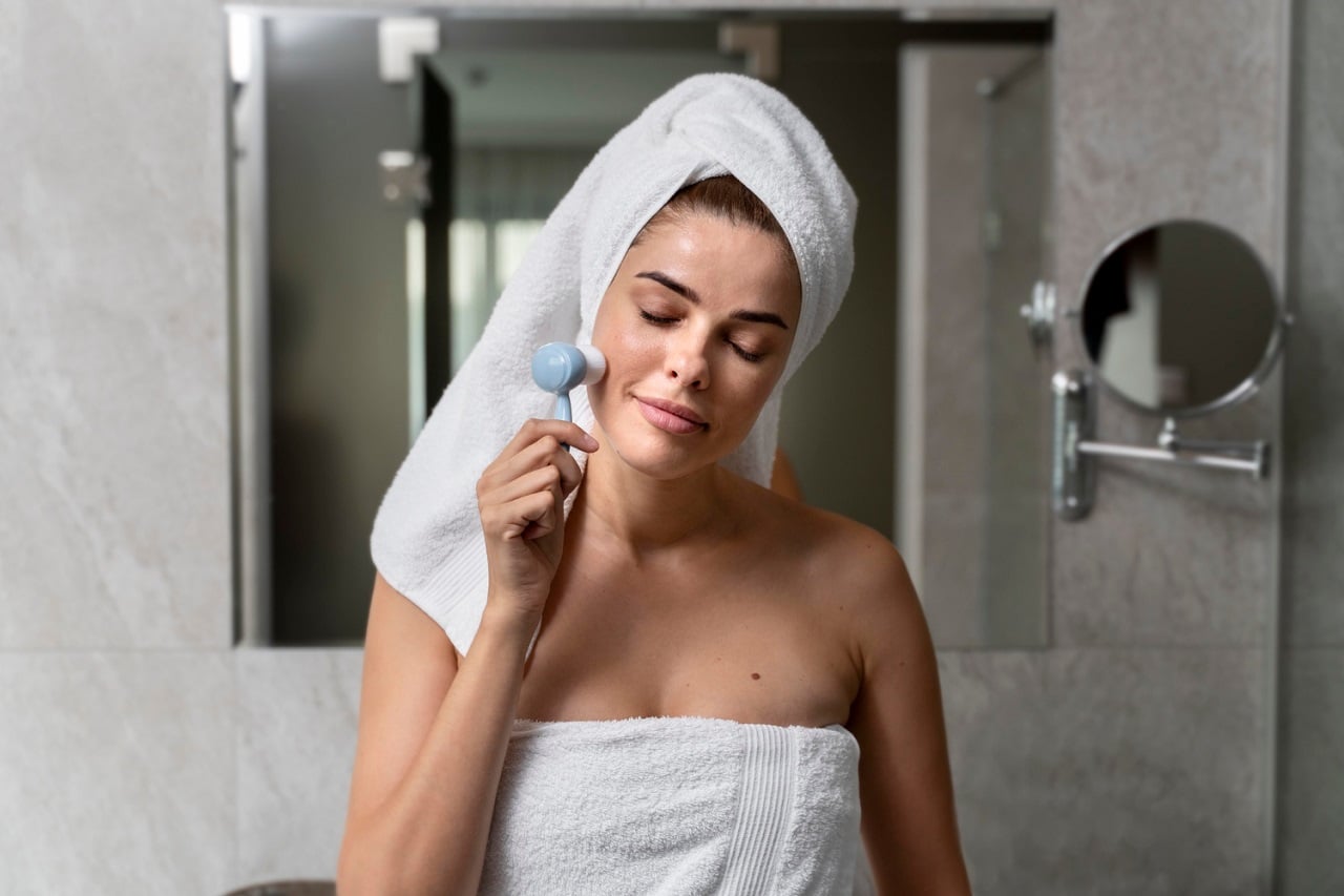 Une femme dans une salle de bain moderne utilise une brosse nettoyante pour le visage
