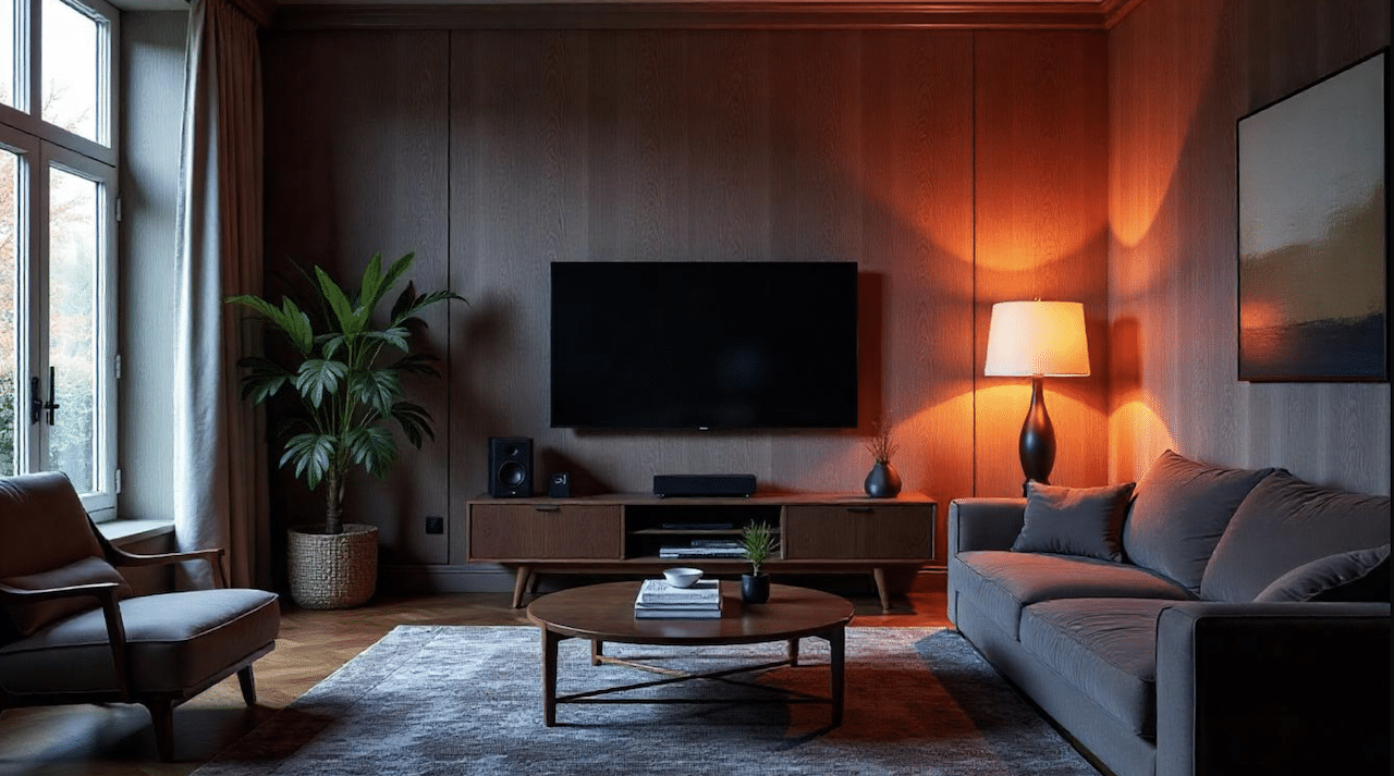 Un salon spacieux où une télévision est accrochée au mur. Il y a une lumière orange, une table basse et un grand canapé.