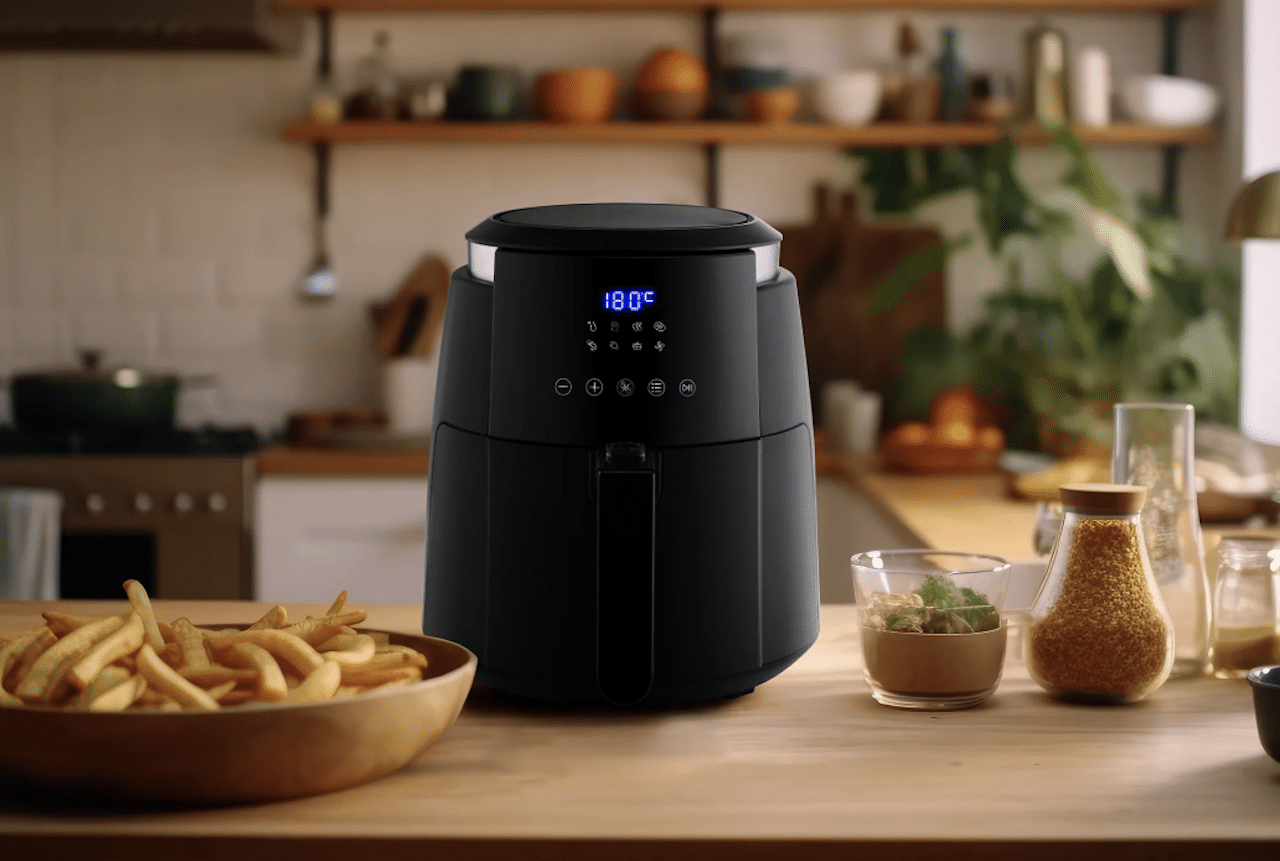 Une friteuse sans huile de la marque Essentiel B. Elle est disposée sur une table en bois dans une cuisine, près d'un bol rempli de frites.