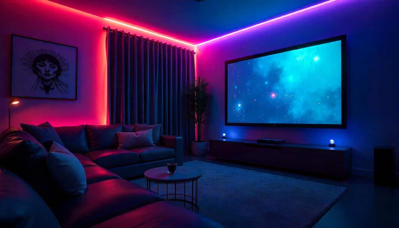 Un salon avec un home cinéma éclairé par des rubans led diffusant une lumière rose