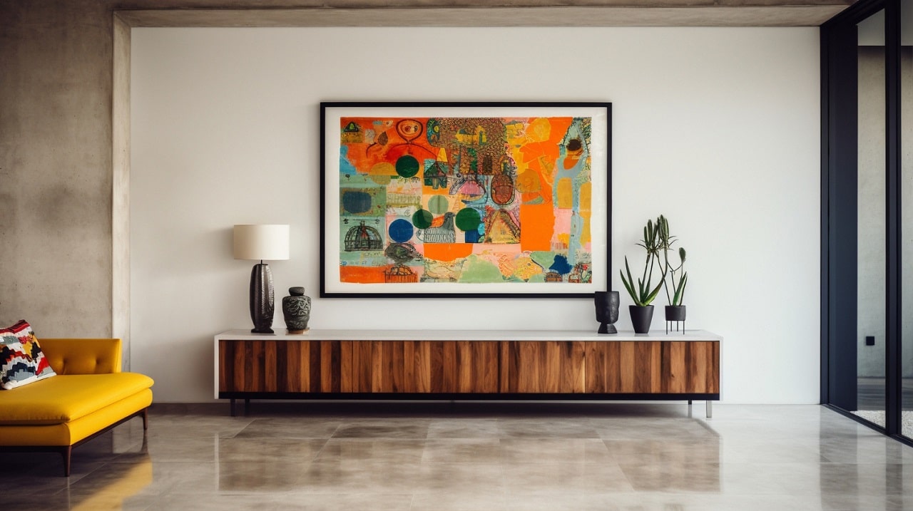 Un magifique salon avec un meuble TV en bois foncé devant un mur blanc sur lequel est accroché une TV à écran plat