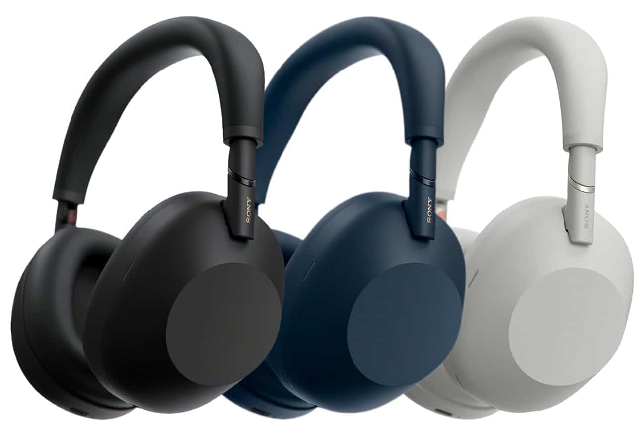 Le casque à réduction de bruit actif Sony WH-1000X-M6 présenté dans ses 3 coloris, noir, bleu et blanc