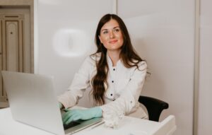 Doctor with hightech computer screen viewing patient data