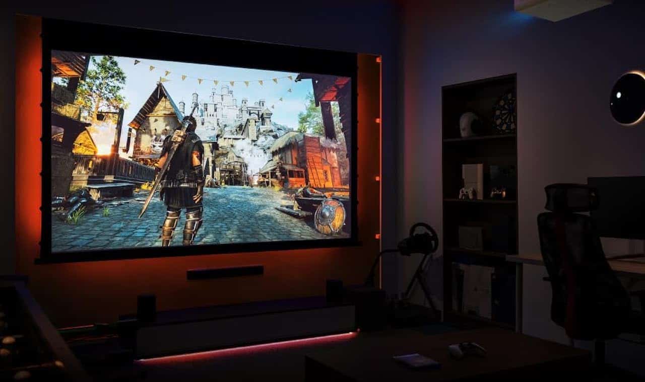 Un jeu vidéo projeté sur le mur d'un salon grâce à un vidéoprojecteur de la marque BenQ.