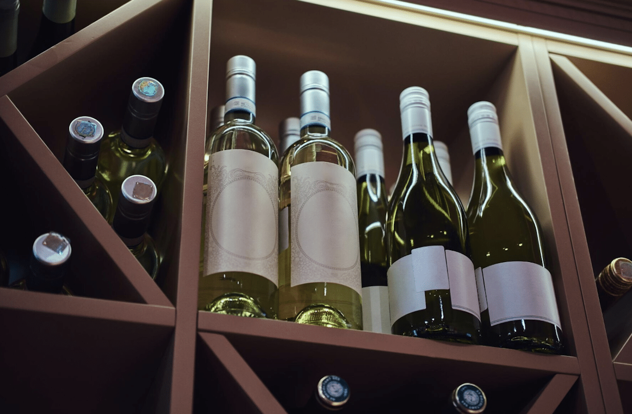 Des bouteilles de vin dans un cellier.