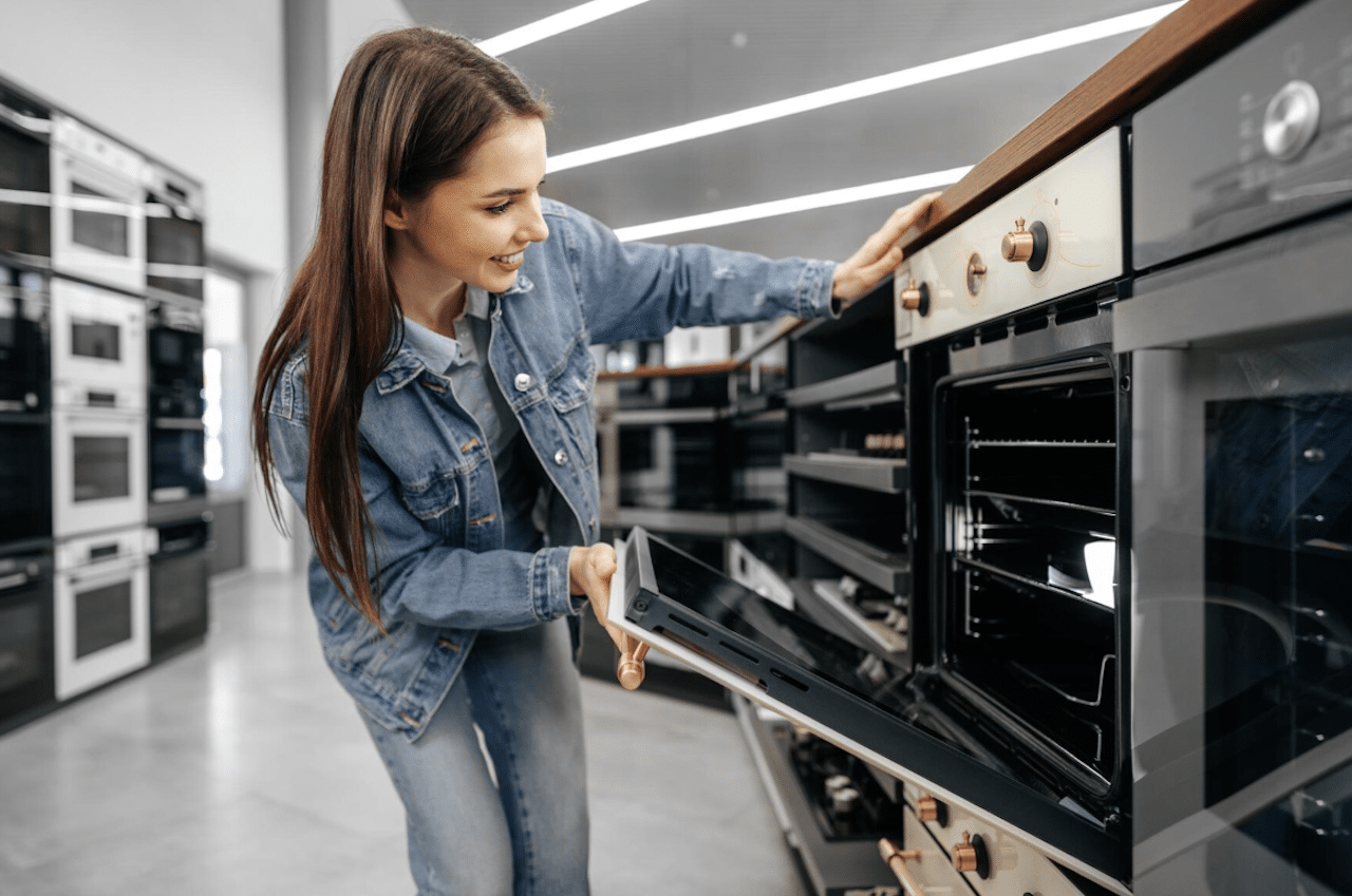 Une femme en train de tester des fours dans un magasin.