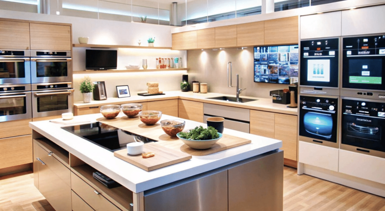 Une cuisine moderne équipée d'appareils électroménagers haut de gamme.