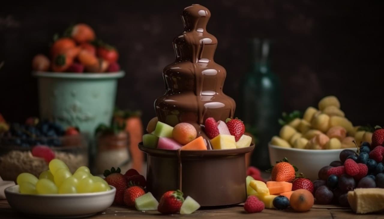 Plusieurs pots de fruits frais coupés en morceaux autour d'une fontaine à chocolat