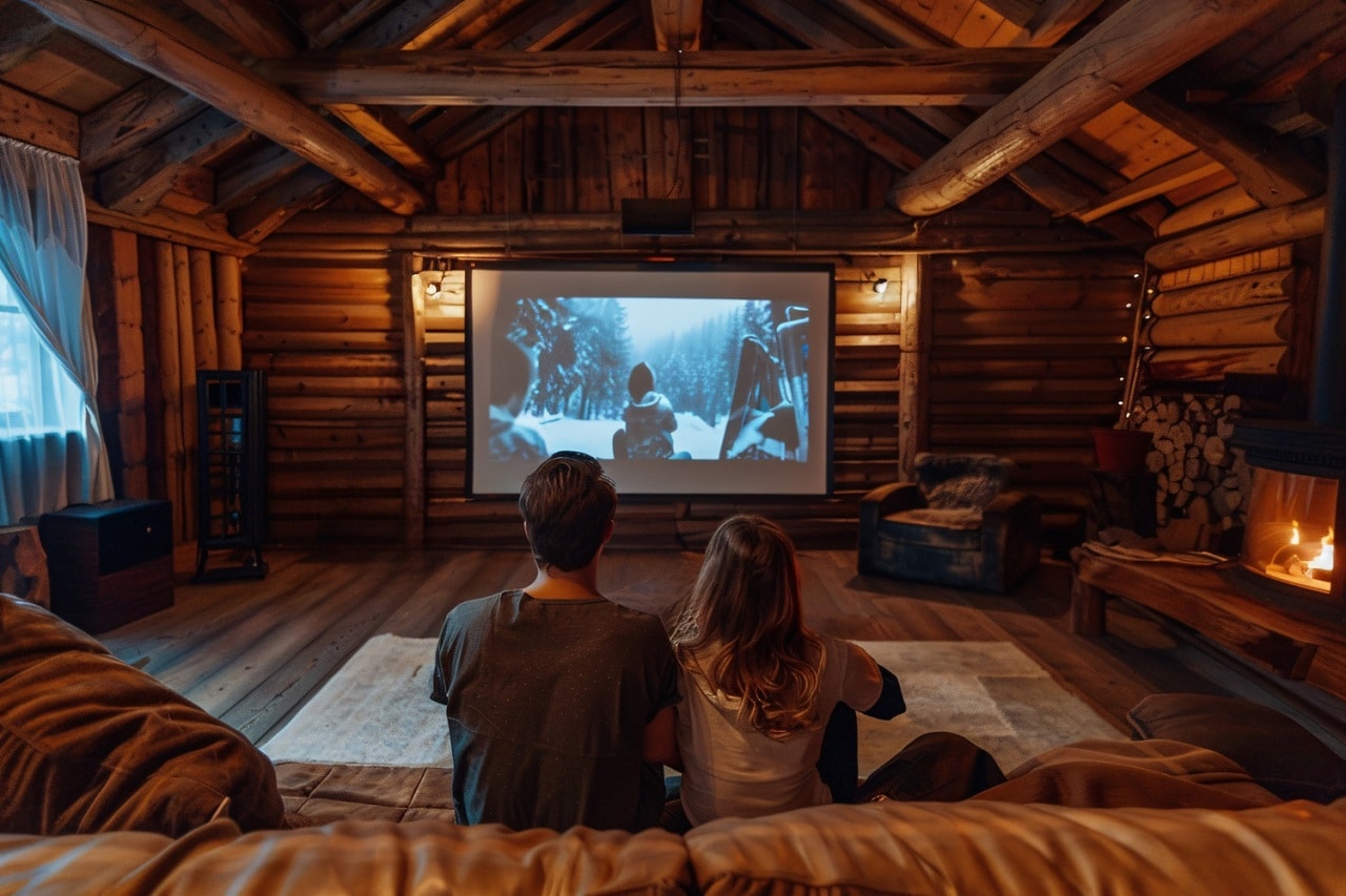 Un couple dans un chalet en bois, installé dans un canapé regarde un film avec un vidéoprojecteur