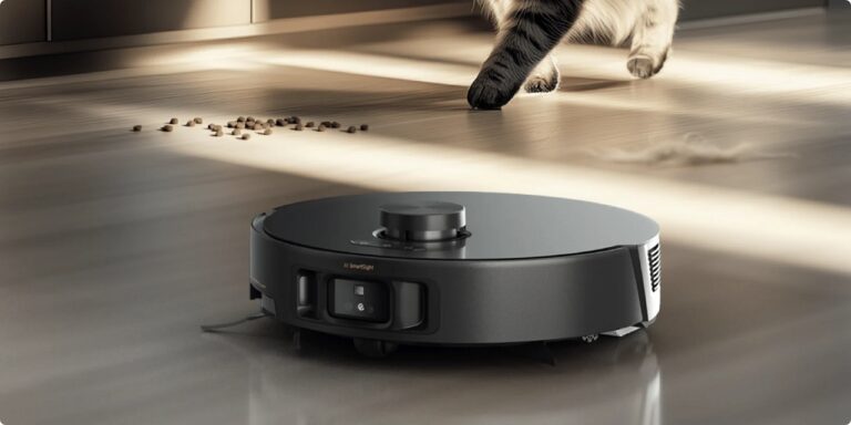 L'aspirateur robot laveur Mova Z50 Ultra sur un sol en stratifié avec des croquettes pour chat sur le sol