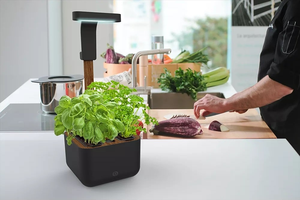 Une femme dans sa cuisine prépare le repas avec un potager d'intérieur posé sur le plan de travail et dans lequel poussent des plantes aromatiques