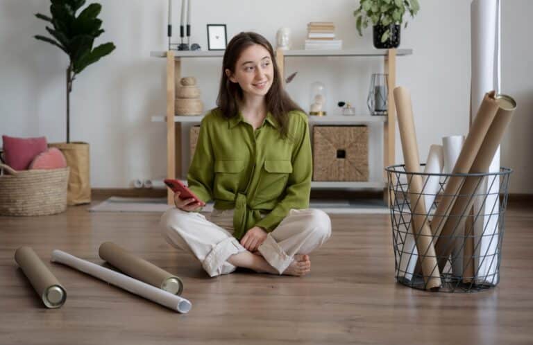 Woman at home with smartphone