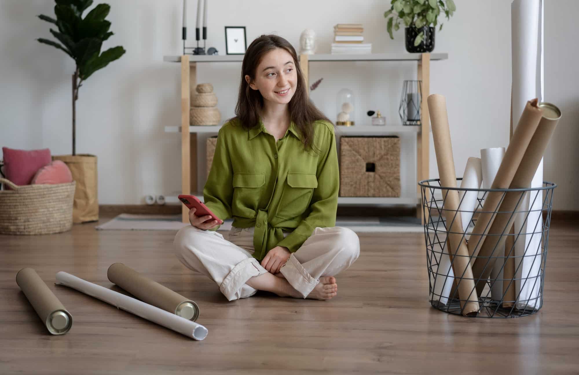 Woman at home with smartphone