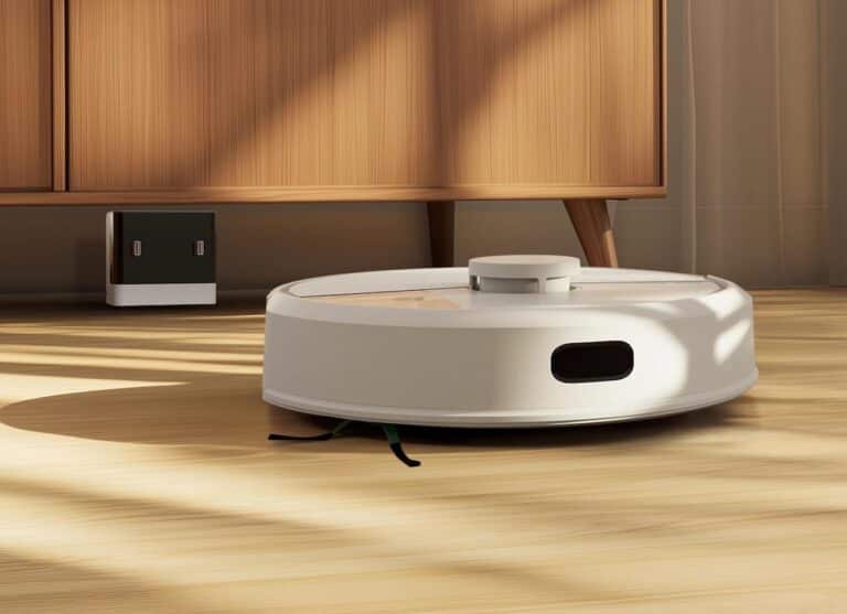 Un robot aspirateur blanc de la marque iRobot.
