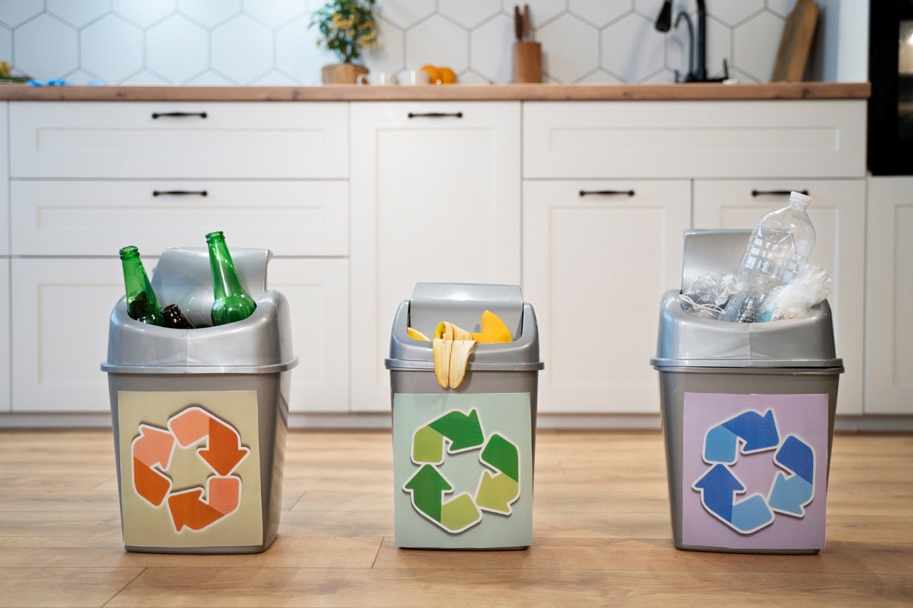 3 poubelles alignées sur le sol d'une cuisine illustrant le recyclage