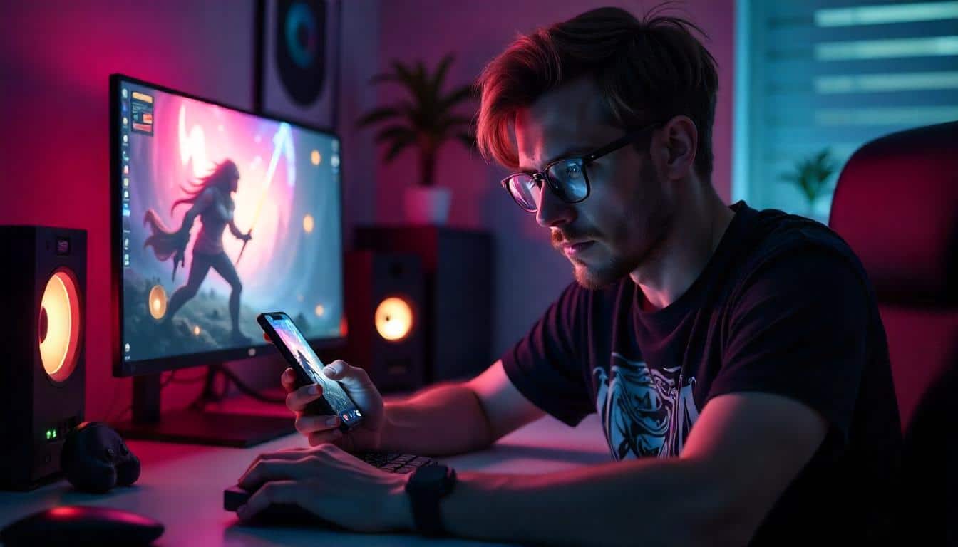 Un gamer est assis devant son bureau sur lequel est posé un écran, un clavier et une souris de gaming. Il tient dans sa main un smartphone gaming. Ambiance lumineuse néon Led.