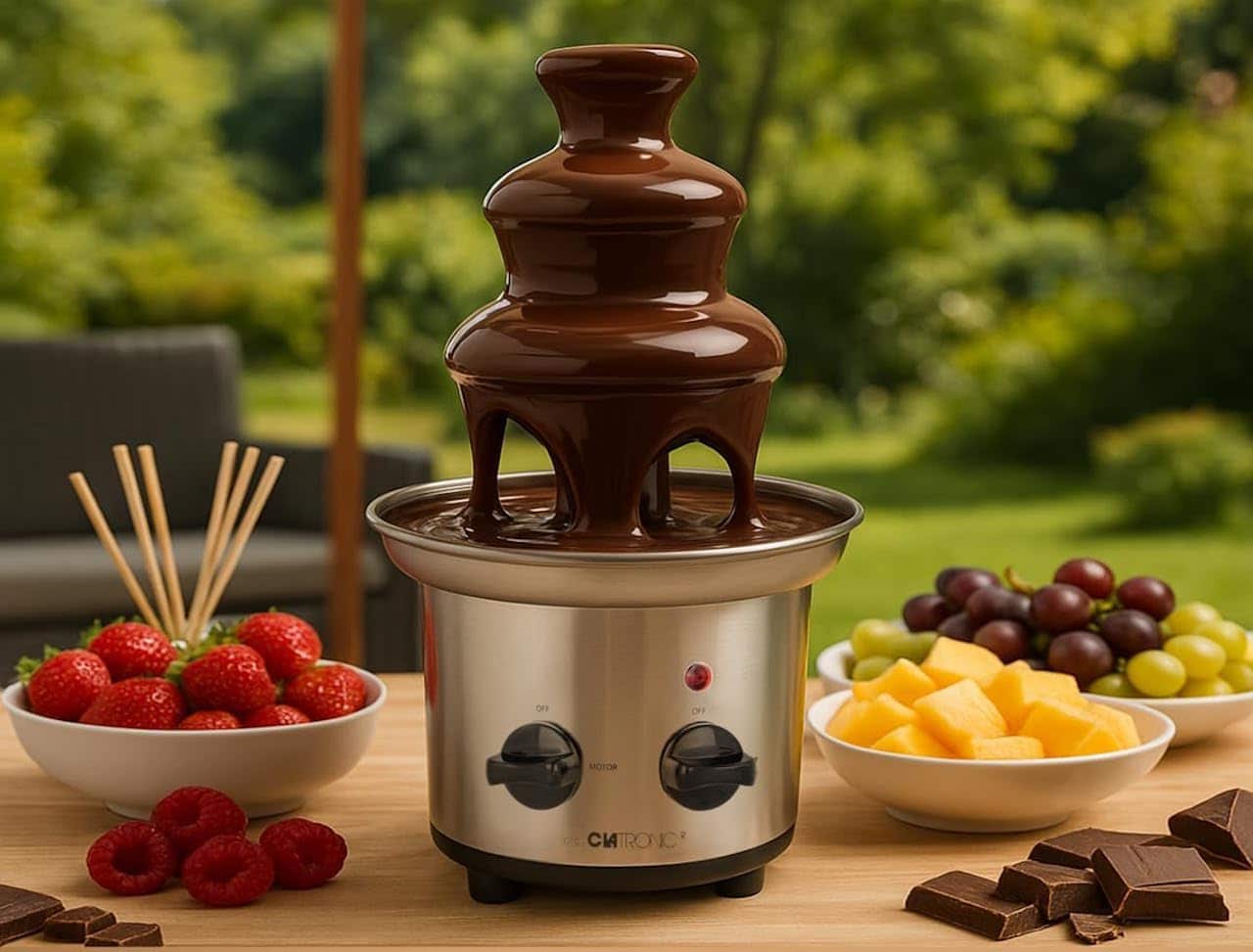 Une fontaine à chocolat et des fruits sur une table de jardin.