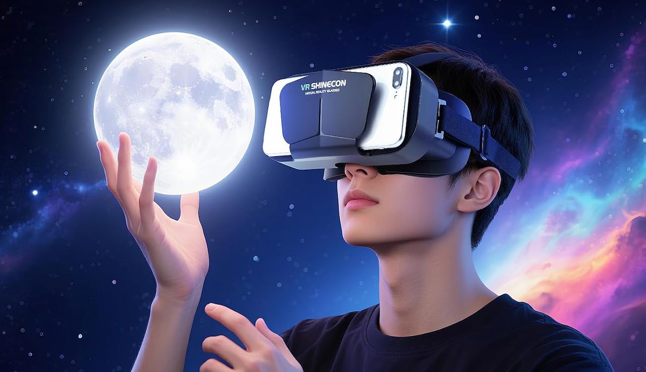 Un homme qui utilise un casque VR pour smartphone.