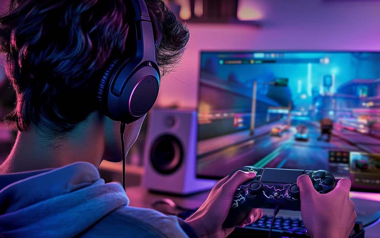 Un garçon qui joue avec une manette PS4.