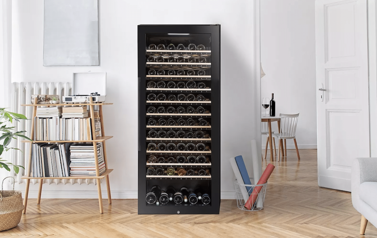 Un salon moderne avec une cave à vin de vieillissement.