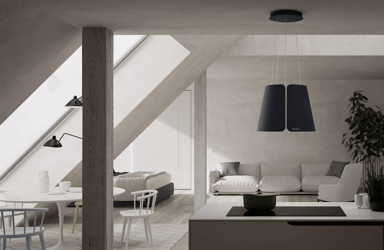 Un espace de vie moderne avec une hotte îlot.