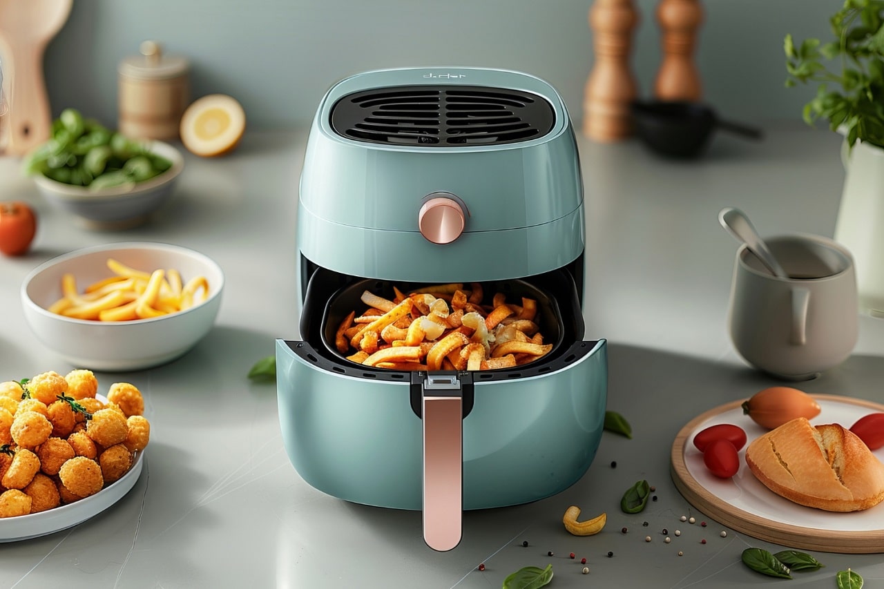 Une friteuse sans huile bleue turquoise avec des frites bien cuites dans son panier ouvert