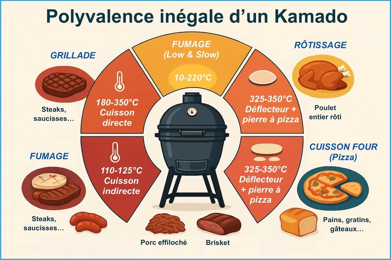 Les différents types de cuisson que propose un Kamado.