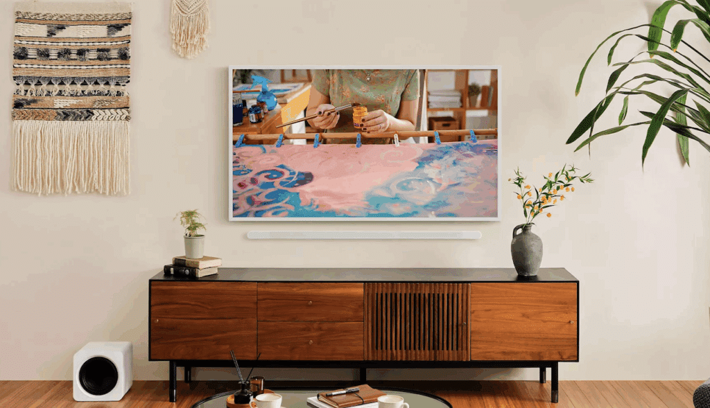 Une TV QLED de la marque Samsung dans un salon moderne.