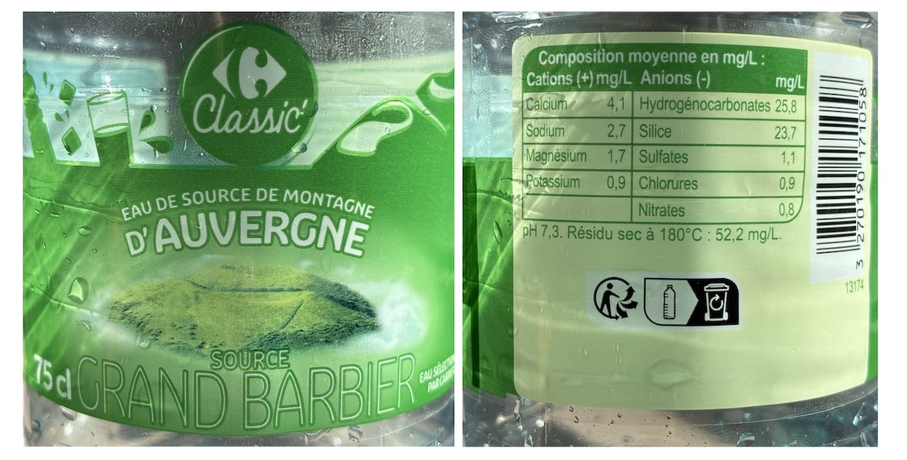 Un exemple d'une eau peu minéralisée avec sa composition en minéraux.