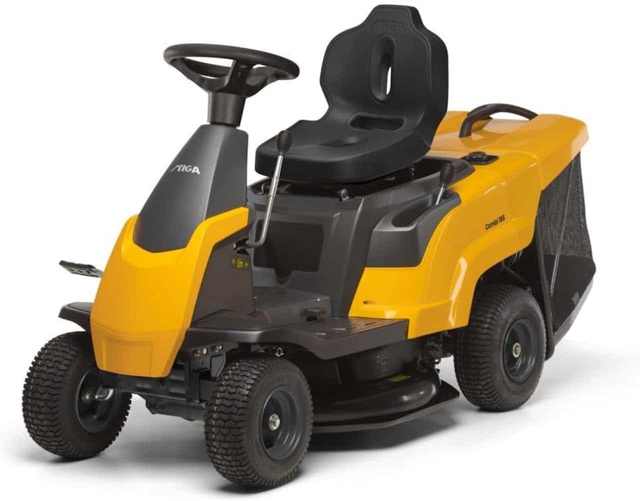 Un tracteur-tondeuse jaune.