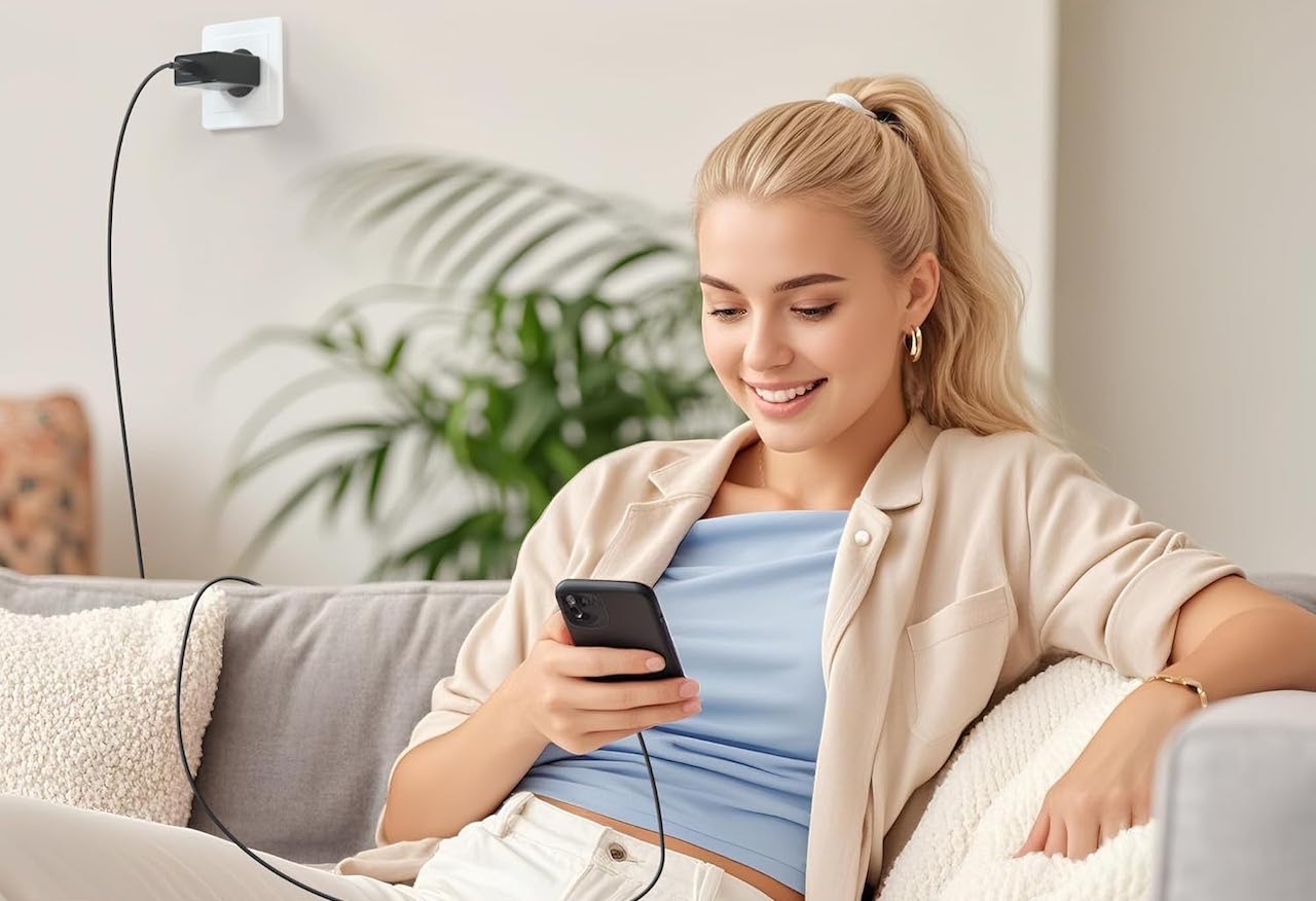 Une femme qui charge son téléphone avec un chargeur USB-C.