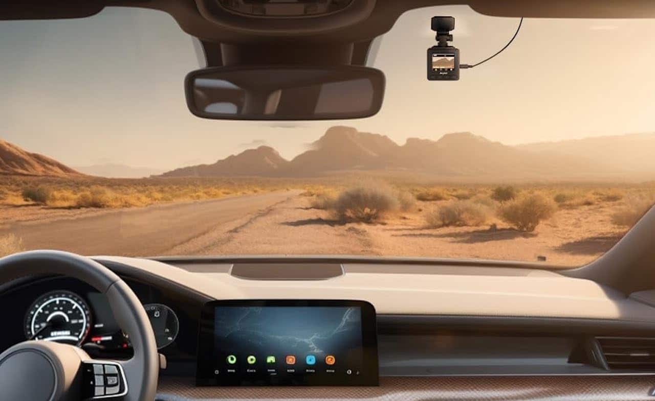 Une dashcam à l'avant d'une voiture dans le désert.