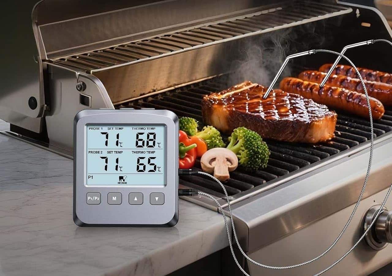 Des steaks qui cuisent au barbecue à côté d'un thermomètre de cuisson.