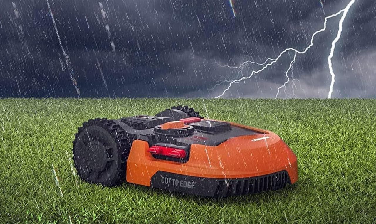 Un robot tondeuse sur de l'herbe.