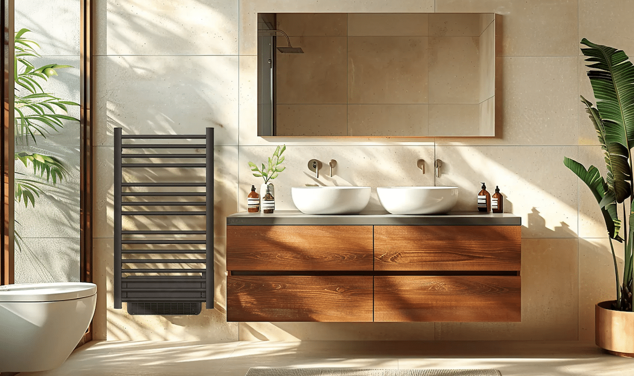 Une sèche-serviette électrique dans une salle de bain spacieuse et luxueuse.