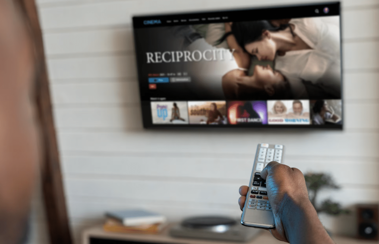 Une personne qui utilise son téléviseur avec un boîtier TV multimédia.