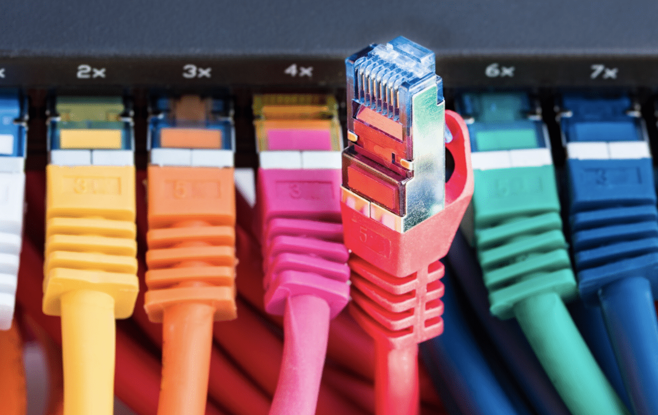 Zoom sur des câbles Ethernet de plusieurs couleurs.