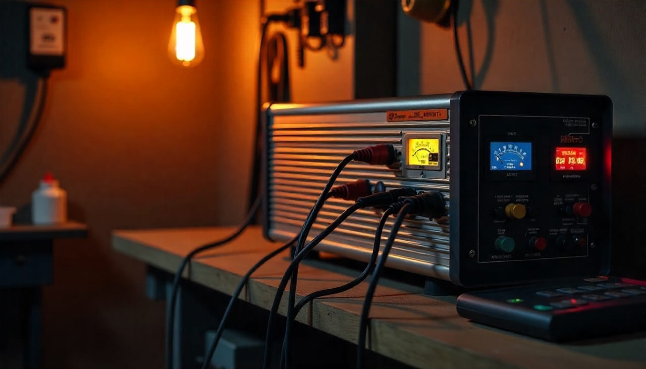 Un onduleur posé sur une table sur lequel est relié plusieurs appareils électrqiues. L'ambiance est en tons chauds.