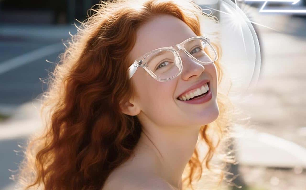 Une femme qui porte des lunettes audio Bluetooth.