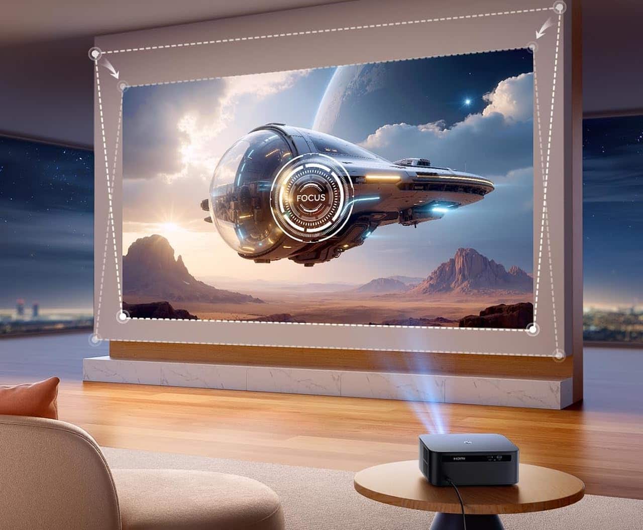 Un vidéoprojecteur UST dans un salon spacieux et moderne.