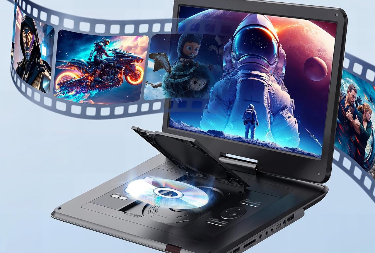 Zoom sur un lecteur DVD portable.