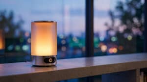 Une lampe intelligente allumée sur le rebord d'une fenêtre au crépuscule
