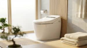 Un wc japonais dans une salle de bain zen aux tons beiges